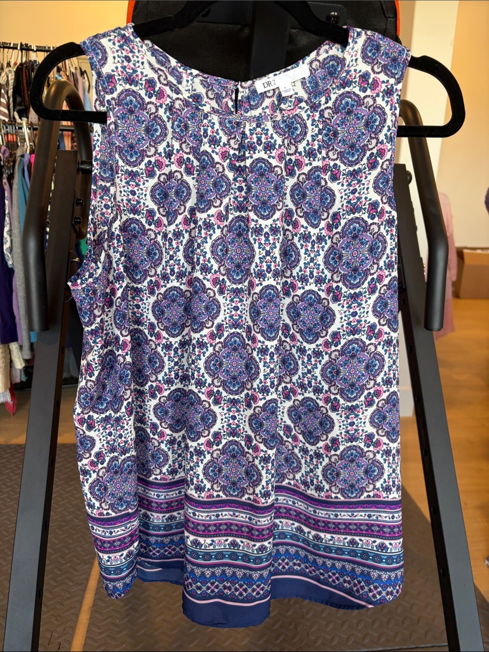 DR2 White Sleeveless Mosaic-Print Blouse with Purple and Blue Accents